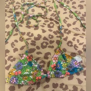 neon trippy Floral Triangle Bikini Top with extra long wrap bottom strap